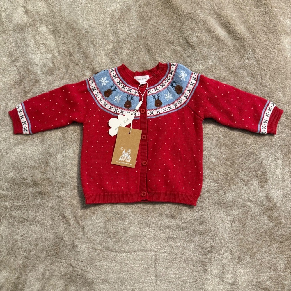 Angel Dear Baby Reindeer Fair Isle Cardigan Sweater Red Holiday Christmas 3-6M